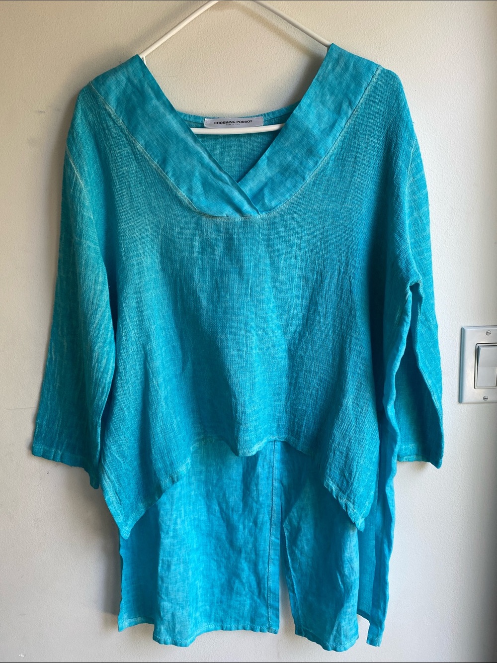 Charming Parrot Woman’s Linen Blend Blue High Low Tunic Top 3/4 Sleeve M/L